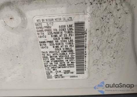 2017 Nissan Rogue Sl z USA, uszkodzony, nr VIN JN8AT2MT6HW147903